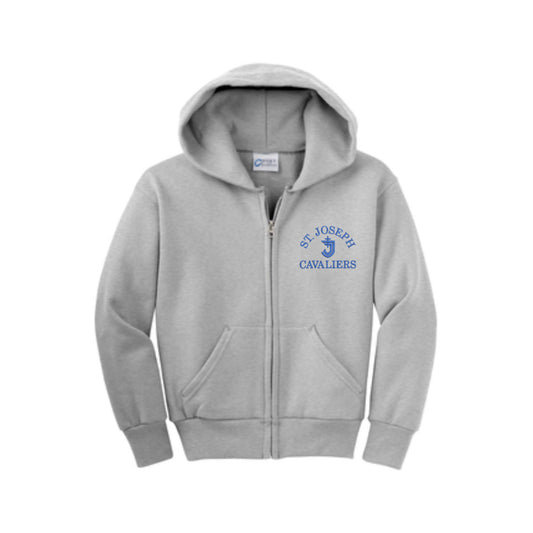 ash gray full zip jacket with custom st. joseph cavaliers embroidered design in royal blue on the left chest