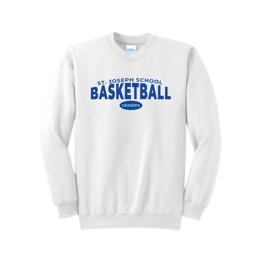 White crewneck sweatshirt with a royal blue st joseph school basketball grandpa print