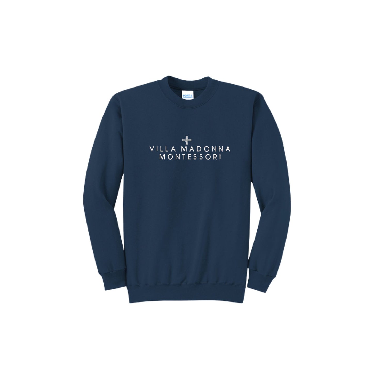 A navy blue crewneck sweatshirt with 'VILLA MADONNA MONTESSORI' and a small cross printed in white on the chest, displayed on a clean white background.