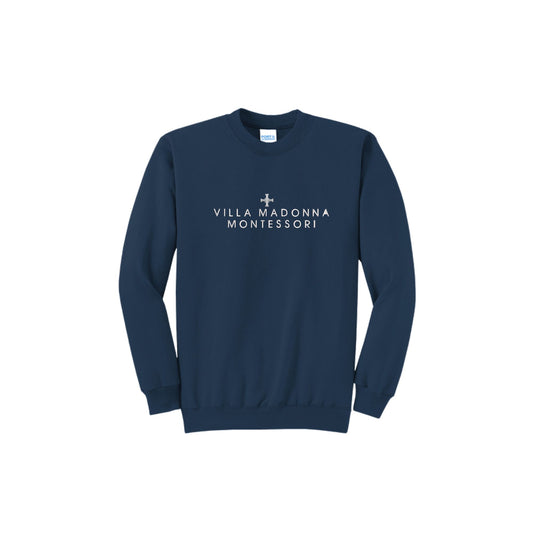 A navy blue crewneck sweatshirt with 'VILLA MADONNA MONTESSORI' and a small cross printed in white on the chest, displayed on a clean white background.