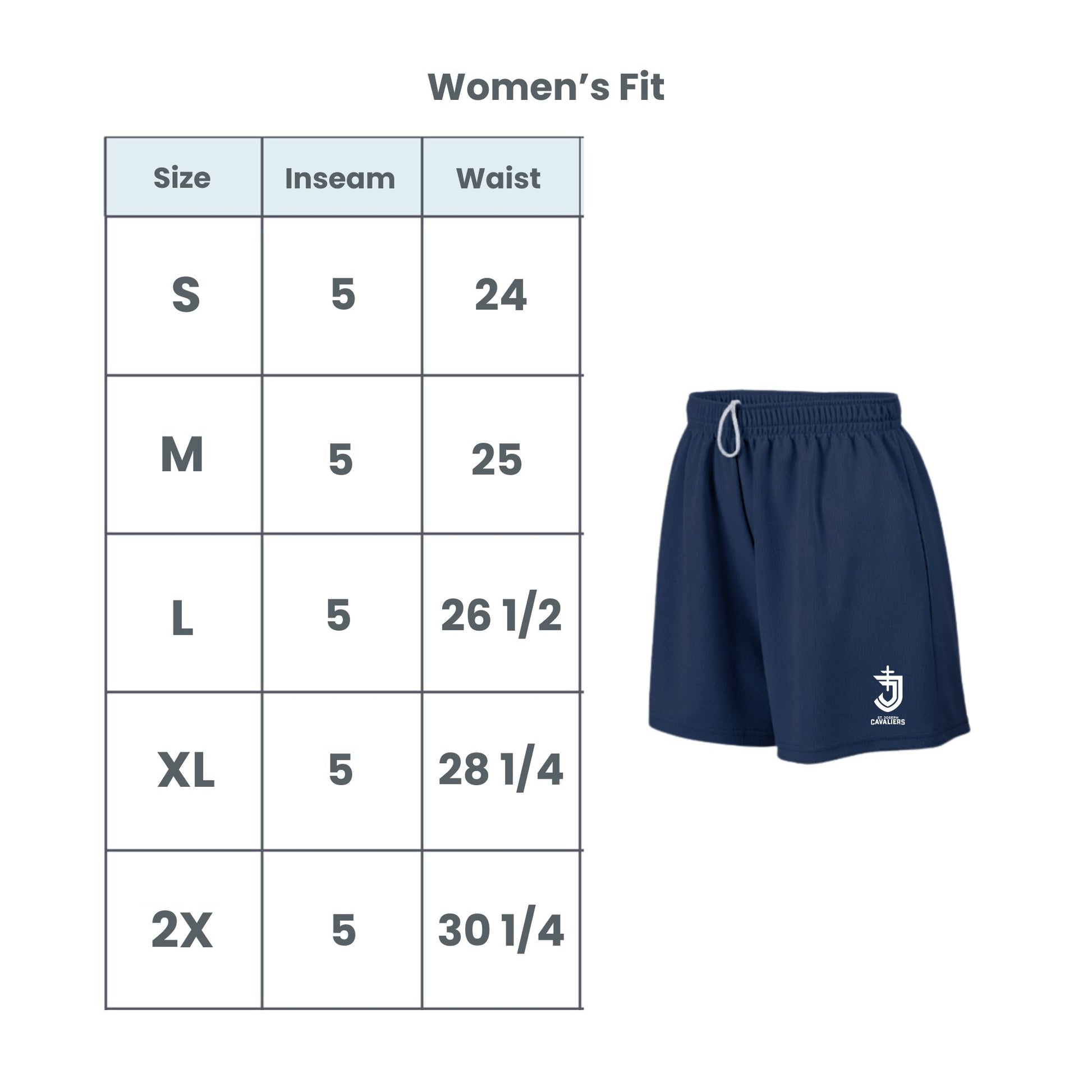 Navy blue shorts with a logo on a white background, accompanied by a size chart for women's fit.