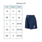 Navy blue shorts with a logo on a white background, accompanied by a size chart for women's fit.