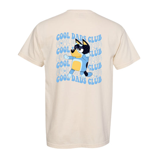 comfort colors tee in ivory with a large cool dads club print and bandit the dog