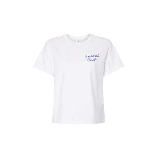 White t-shirt with 'Eveready Travel' text on a white background