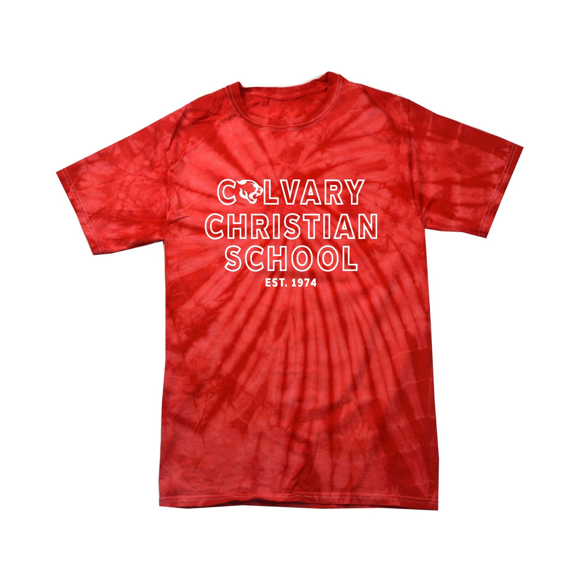 red tie dye t-shirt with custom calvary christian school est. 1974 printed design in white ink on the center chest
