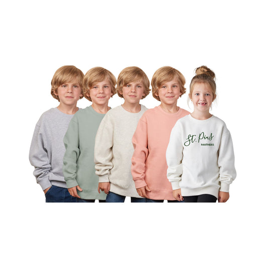 Five children wearing colorful sweaters on a white background