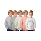 Five children wearing colorful sweaters on a white background