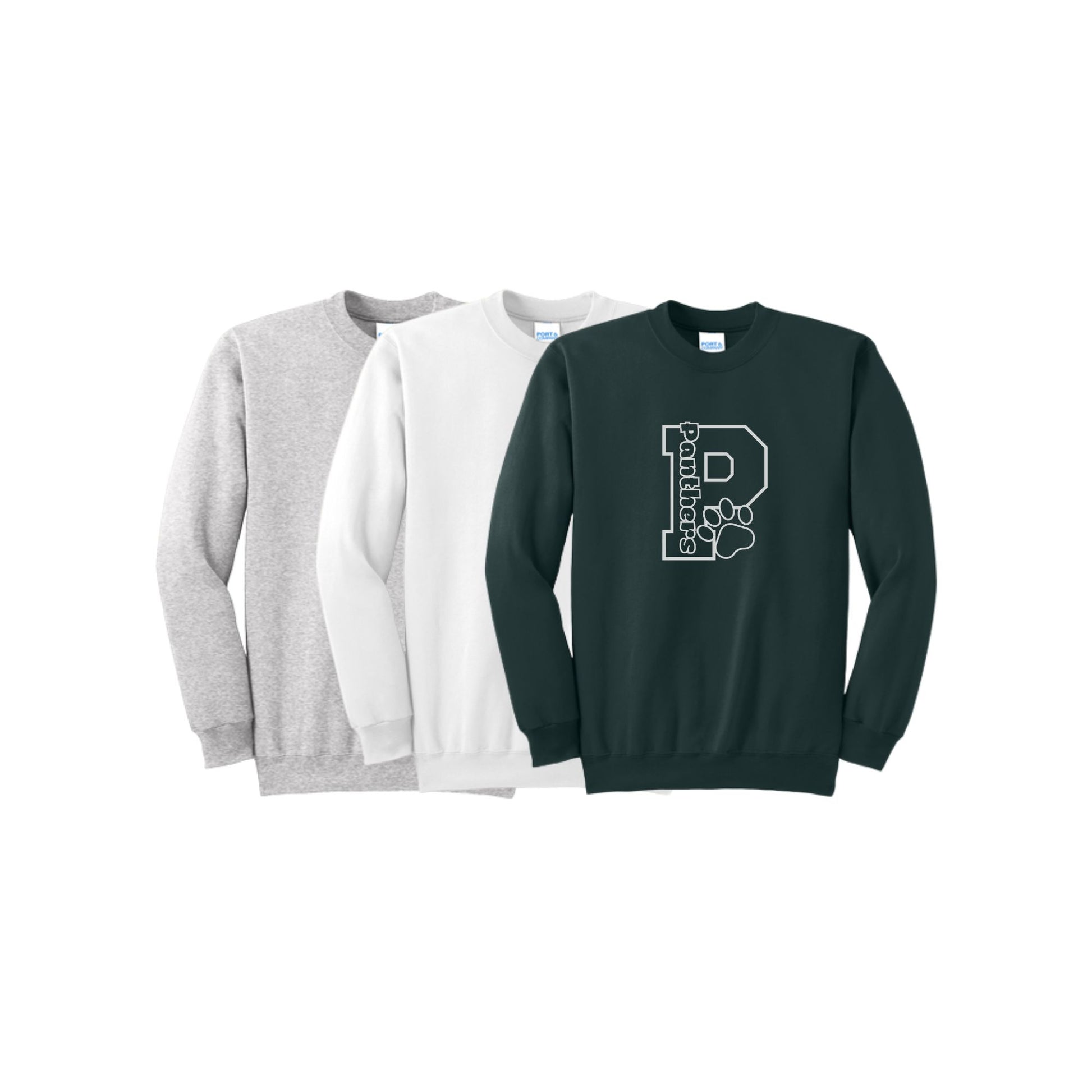 Three sweatshirts in gray, white, and green with a logo on a white background