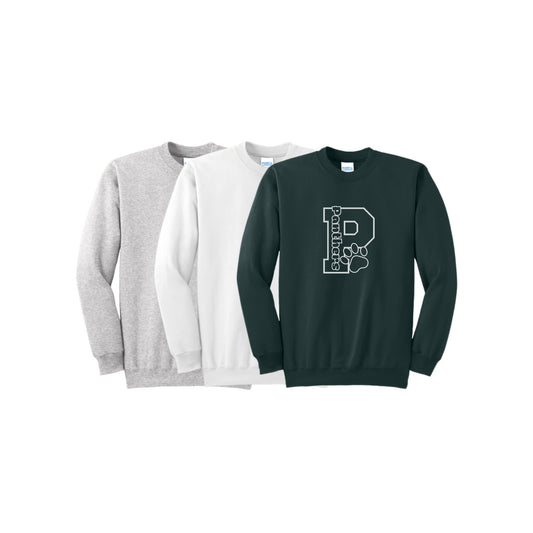 Three sweatshirts in gray, white, and green with a logo on a white background