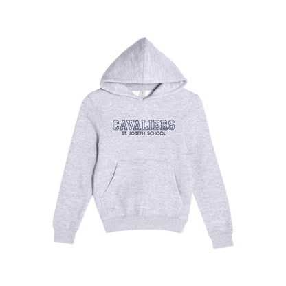 Gray hoodie with 'CAVALIERS St. Joseph School' text on a white background