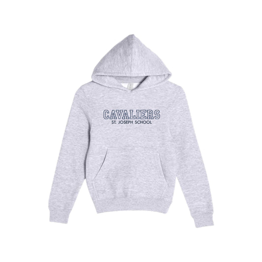 Gray hoodie with 'CAVALIERS St. Joseph School' text on a white background