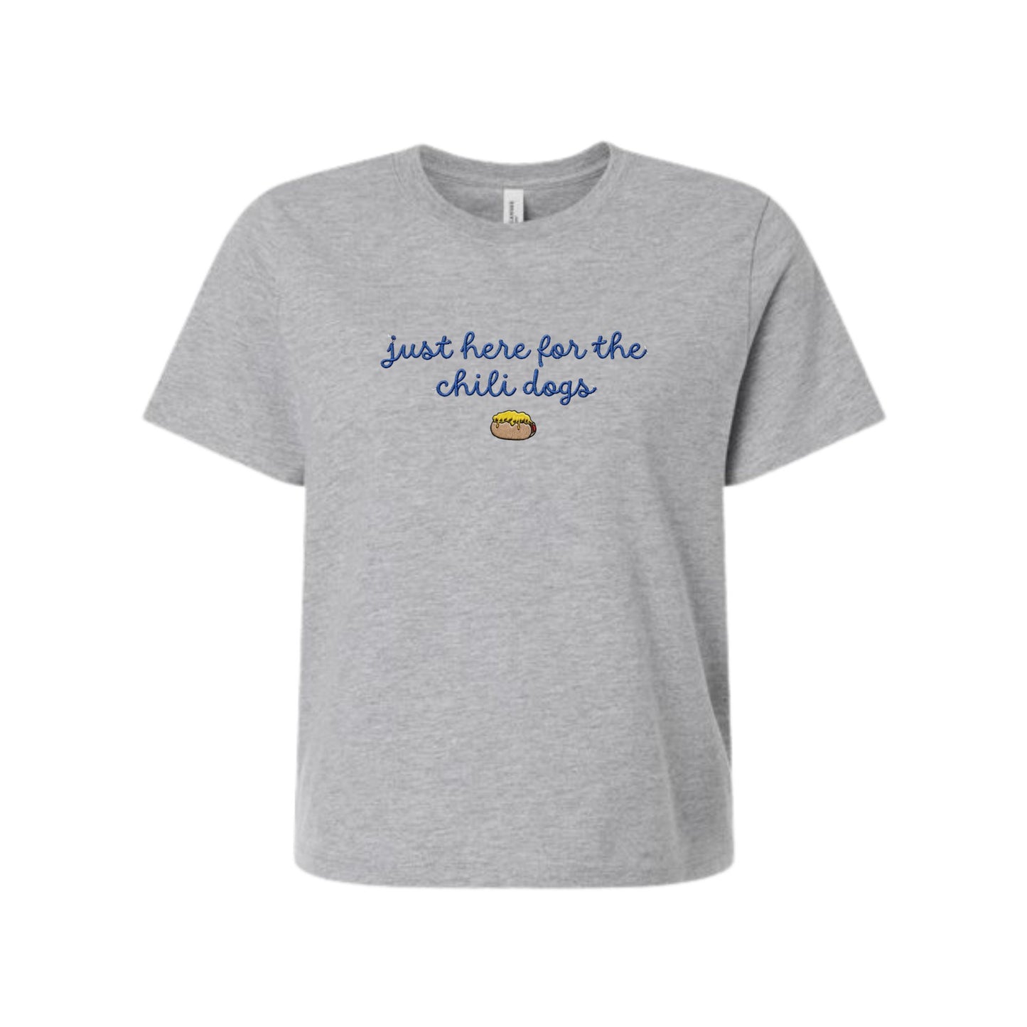 athletic heather bella and canvas boxy tee with a cute script just here for the chili dogs embroidered design on the center chest