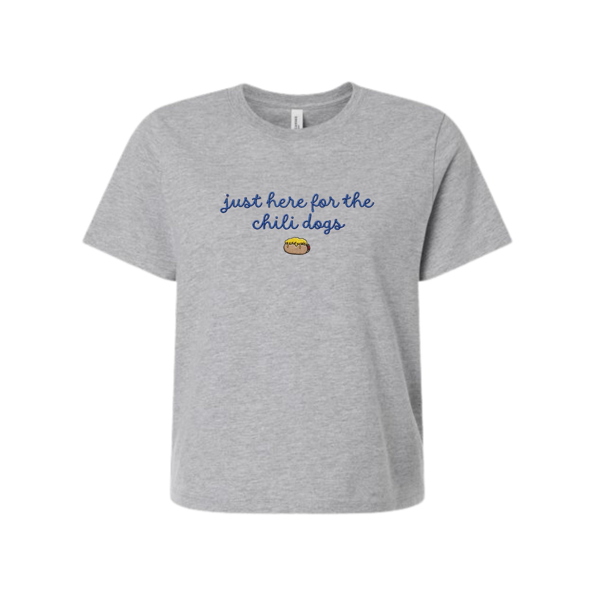 athletic heather bella and canvas boxy tee with a cute script just here for the chili dogs embroidered design on the center chest