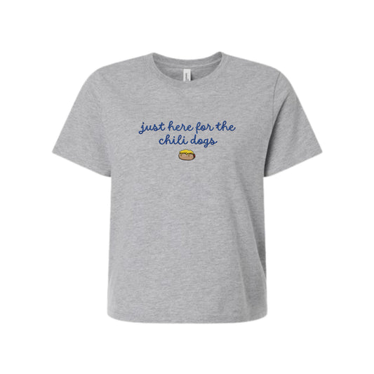 athletic heather bella and canvas boxy tee with a cute script just here for the chili dogs embroidered design on the center chest