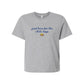 athletic heather bella and canvas boxy tee with a cute script just here for the chili dogs embroidered design on the center chest