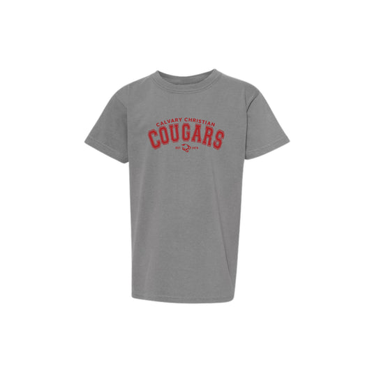 grey comfort colors tee with custom cougars print in red across the chest