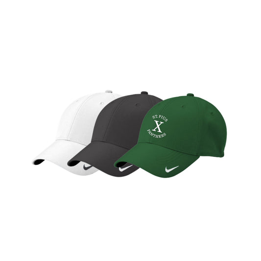 Three caps in white, black, and green with a logo on a white background