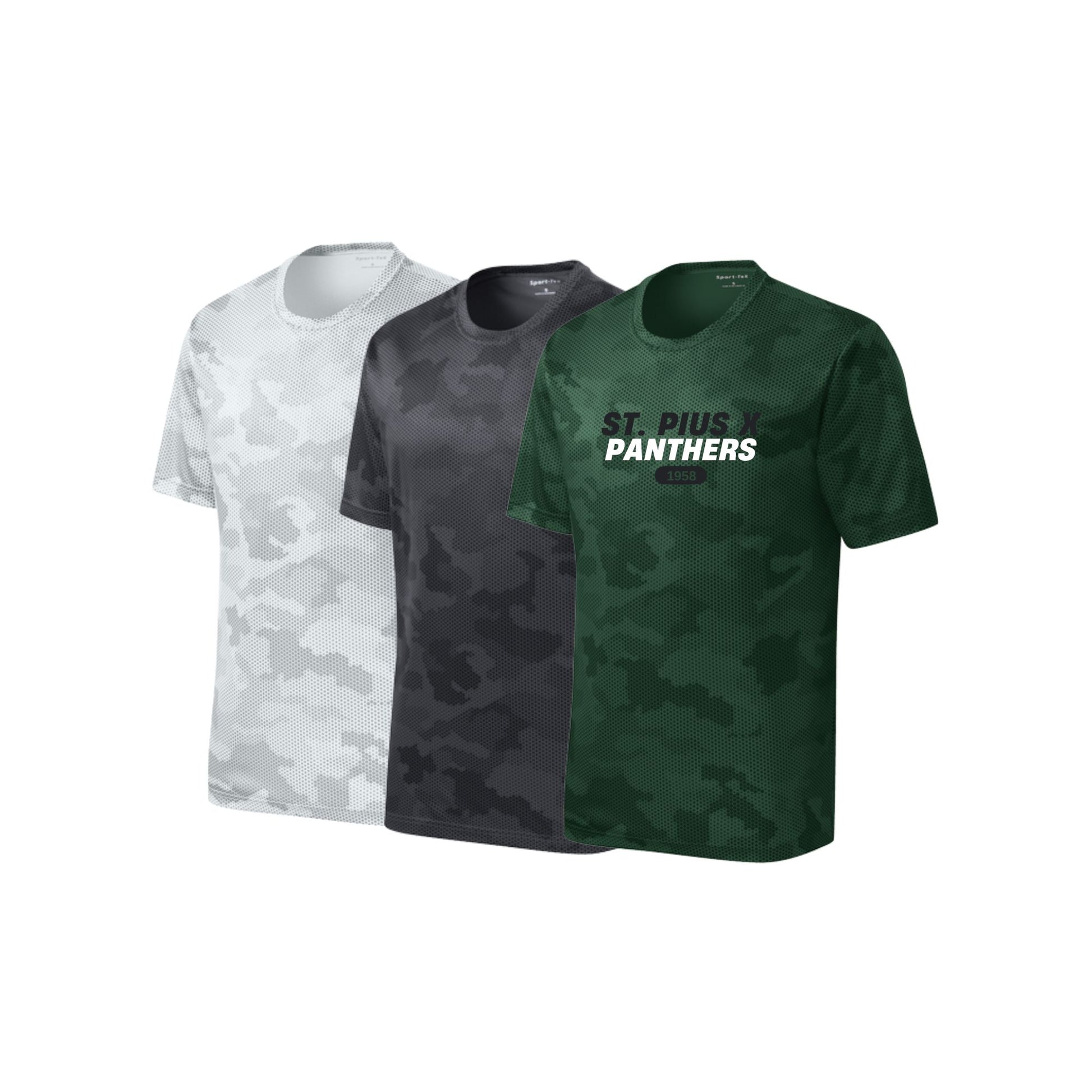 Three t-shirts with different patterns and a logo on a white background