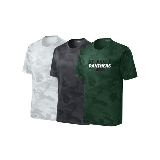 Three t-shirts with different patterns and a logo on a white background