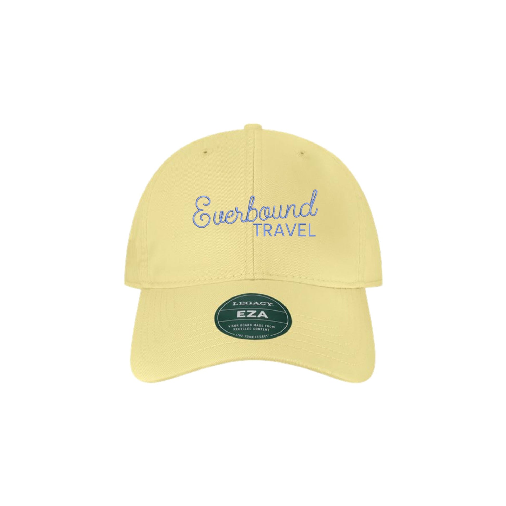 Yellow cap with 'Everbound Travel' text on a white background