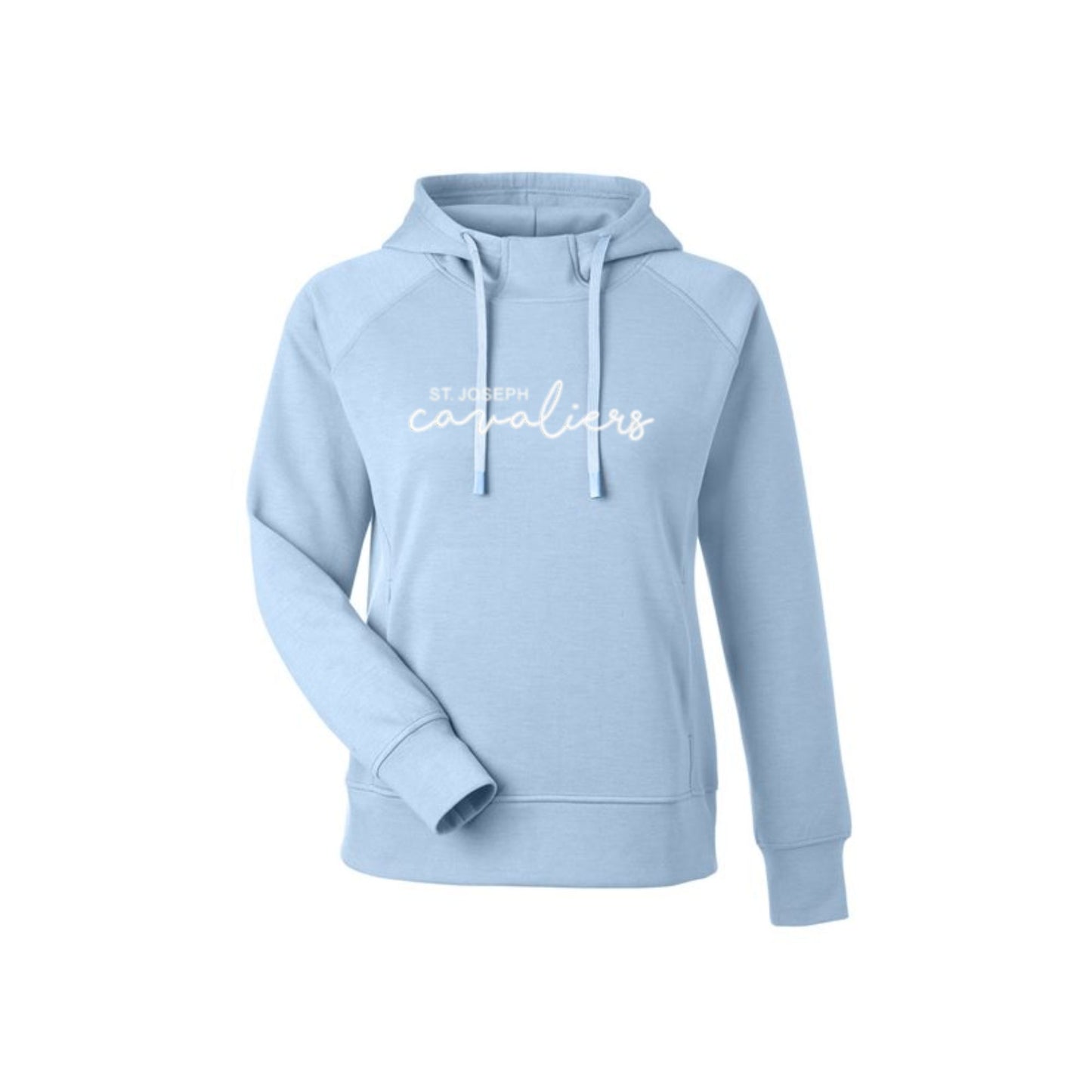 Light blue hoodie with 'St. Joseph Cavaliers' embroidered on the front center chest in white thread