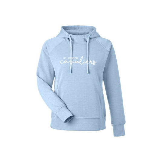 Light blue hoodie with 'St. Joseph Cavaliers' embroidered on the front center chest in white thread