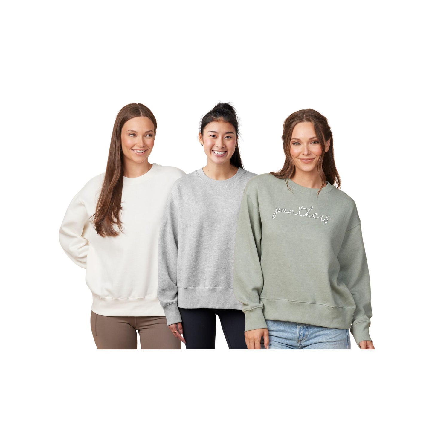 Three women wearing different colored sweatshirts on a white background