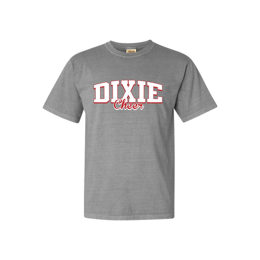 gray comfort colors t-shirt with a dixie cheer dtf print in white and red