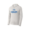 silver hooded performance long sleeve with 'Cavaliers Basketball' and outlined basketball and SJS icon printed design in royal blue ink on the front center chest