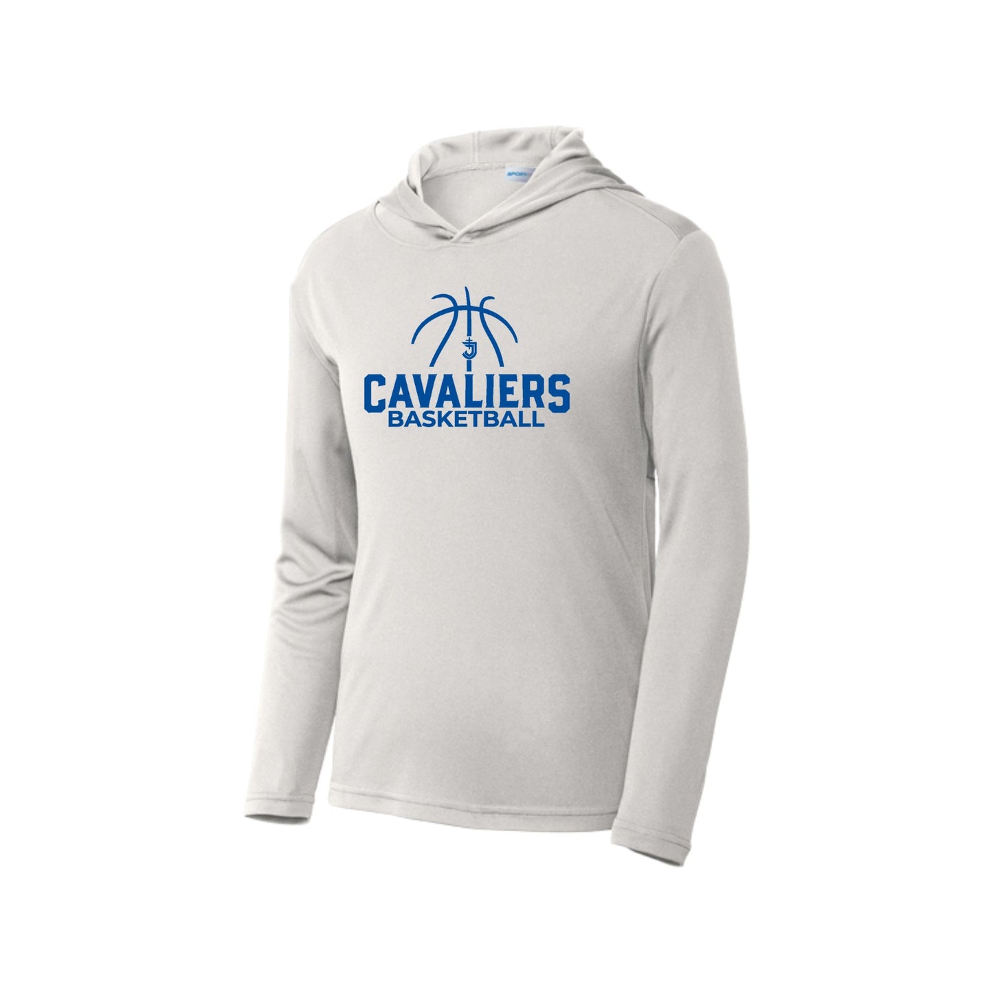 silver hooded performance long sleeve with 'Cavaliers Basketball' and outlined basketball and SJS icon printed design in royal blue ink on the front center chest