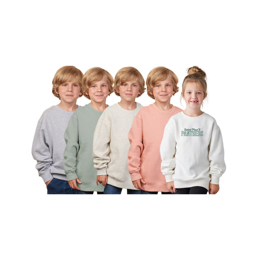 Five children wearing sweatshirts in various colors on a white background