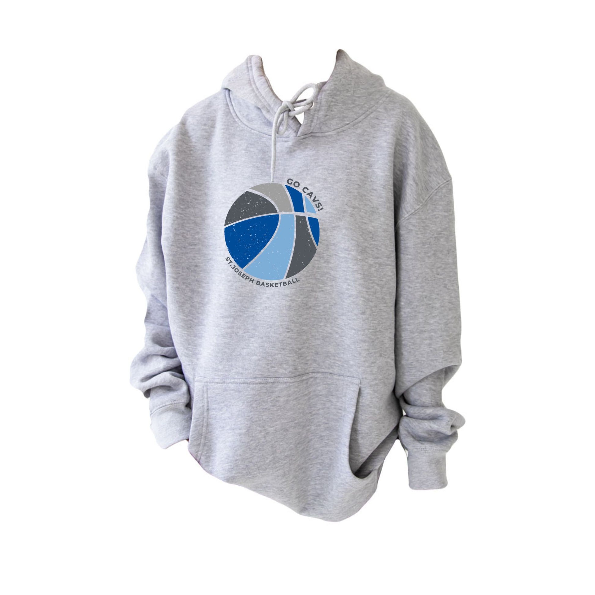 athletic heather hooded sweatshirt with custom printed distressed basketball Go Cavs design in blues and grays