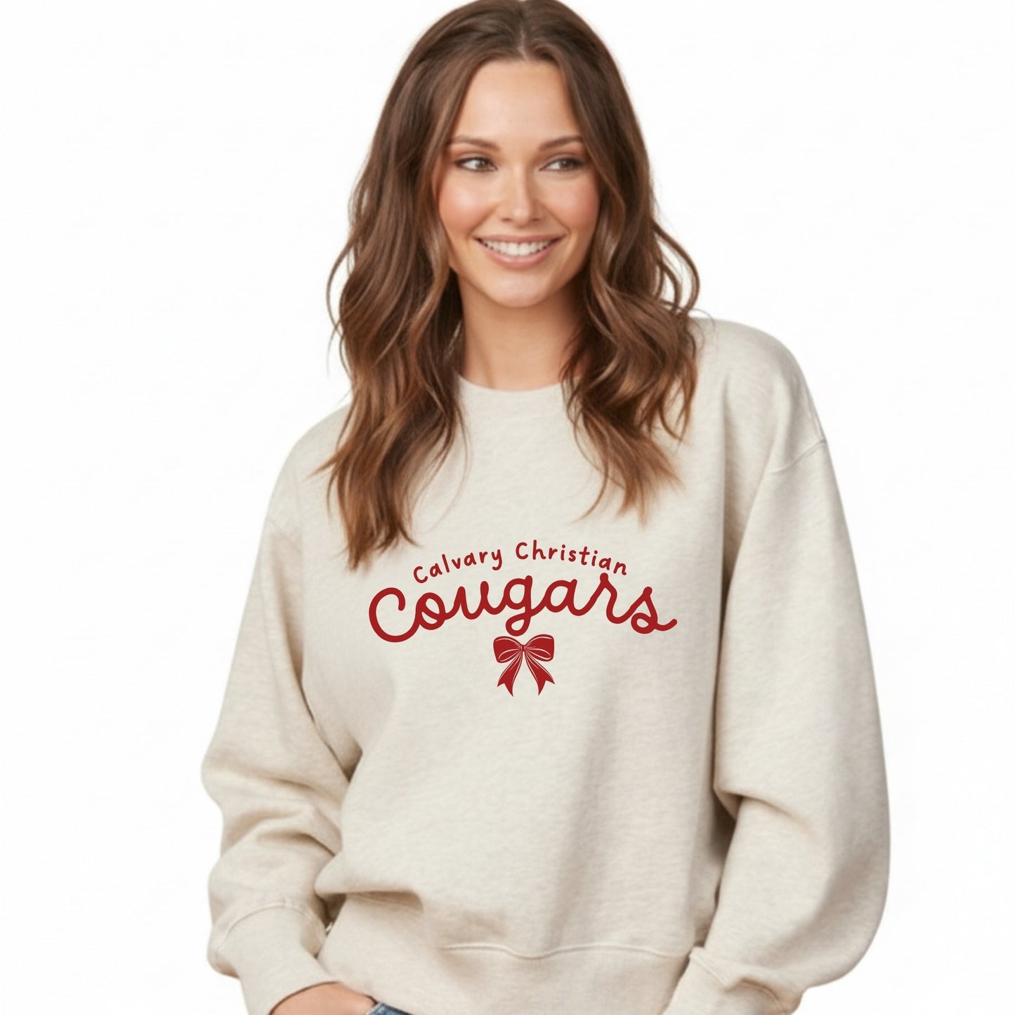 Printed Calvary Christian Cougars Bow Ladies Boxy Crew  | CCSDTF29