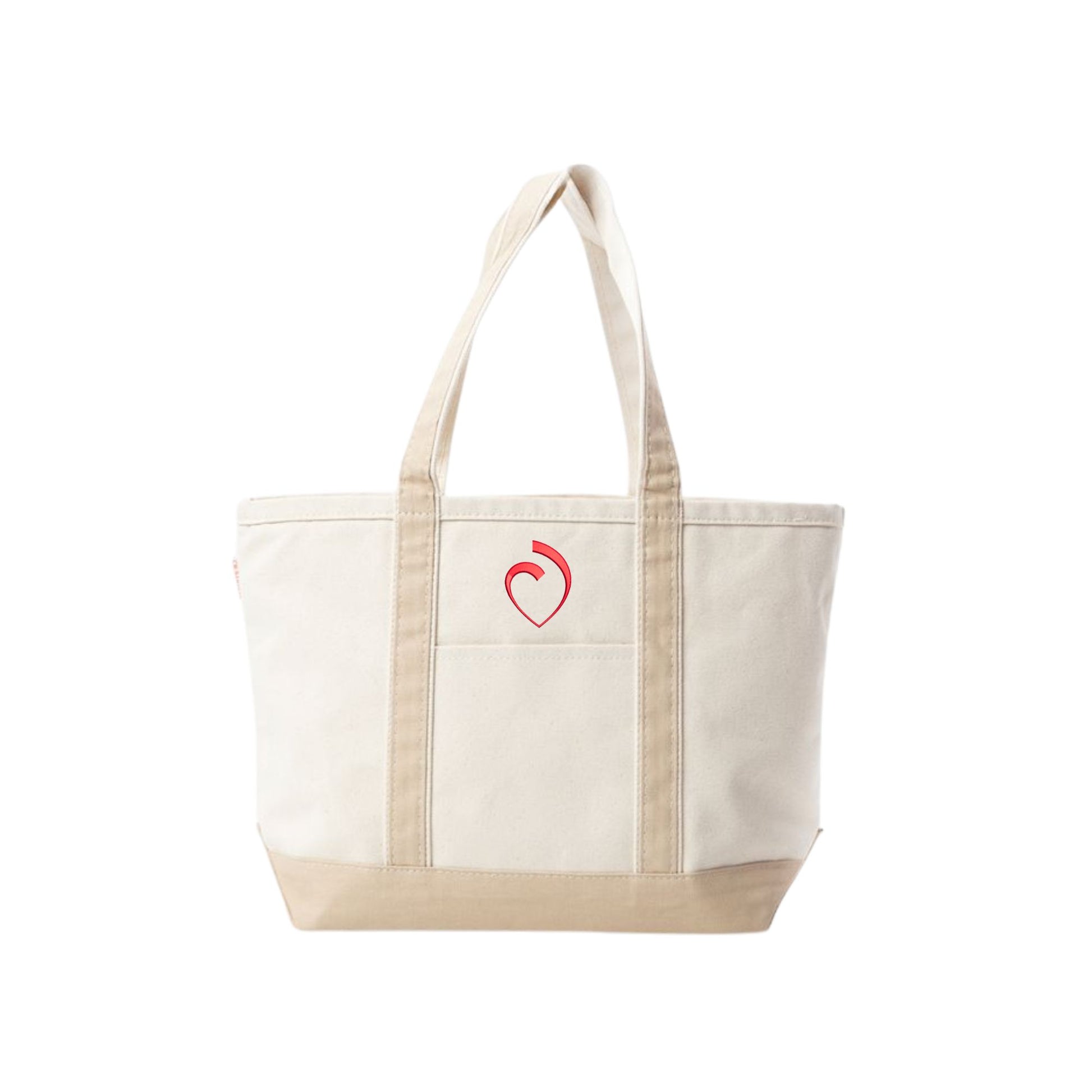 medium canvas tote with safari beige trim and red embroidered sacred heart schools heart logo
