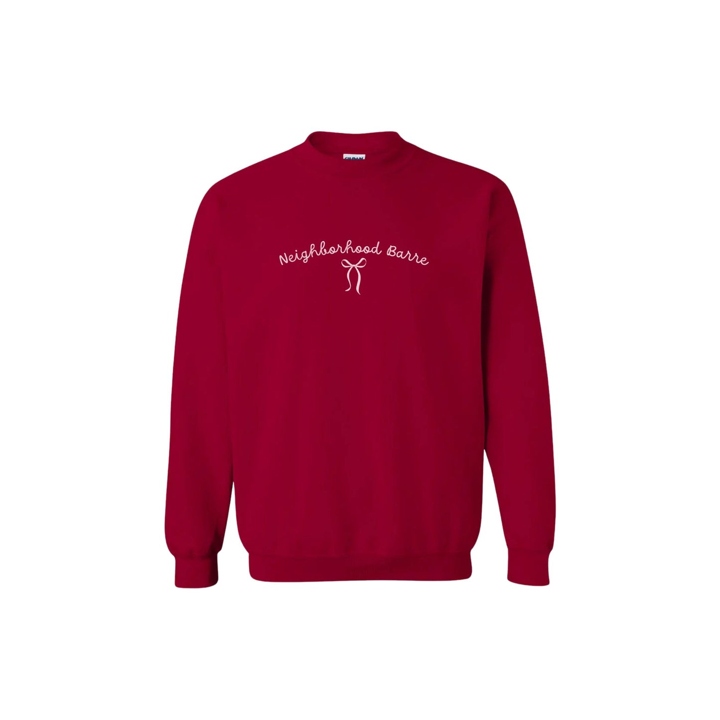 Red sweatshirt with 'Neighborhood Barre' logo on a white background