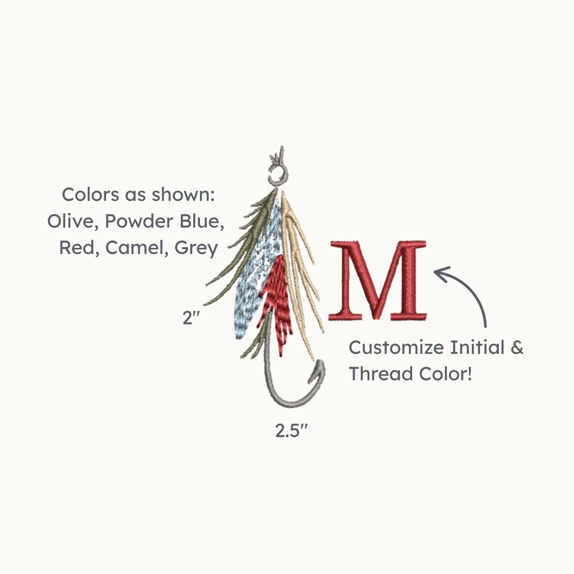 detailed image of an embroidered design of a fly fishing lure/hook with olive, blue, red, and camel feathers paired with a single mini intial monogram