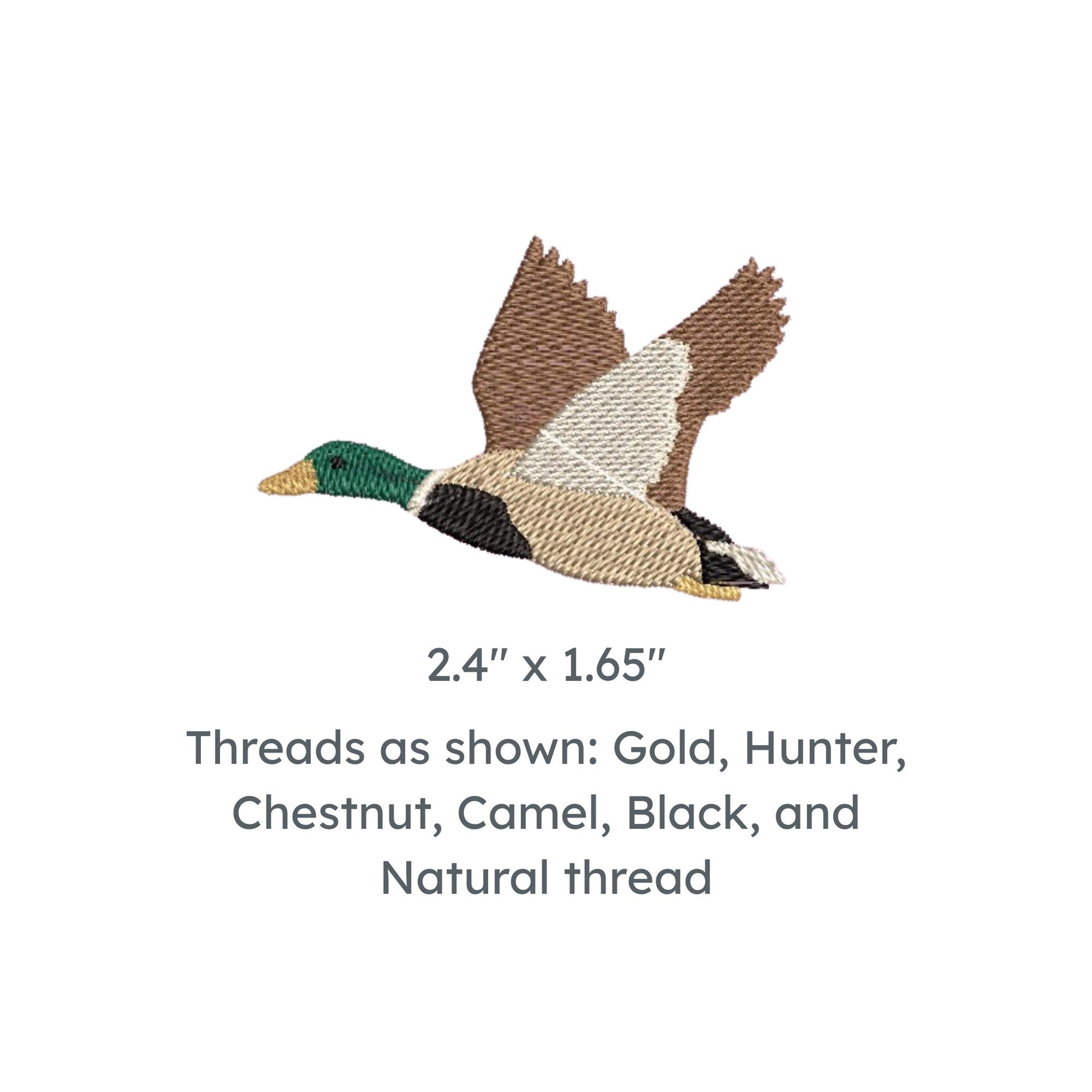 mallard duck embroidered design measuring at 2.4" x 1.65" thread colors: gold, hunter, chestnut, camel, black, and natural thread