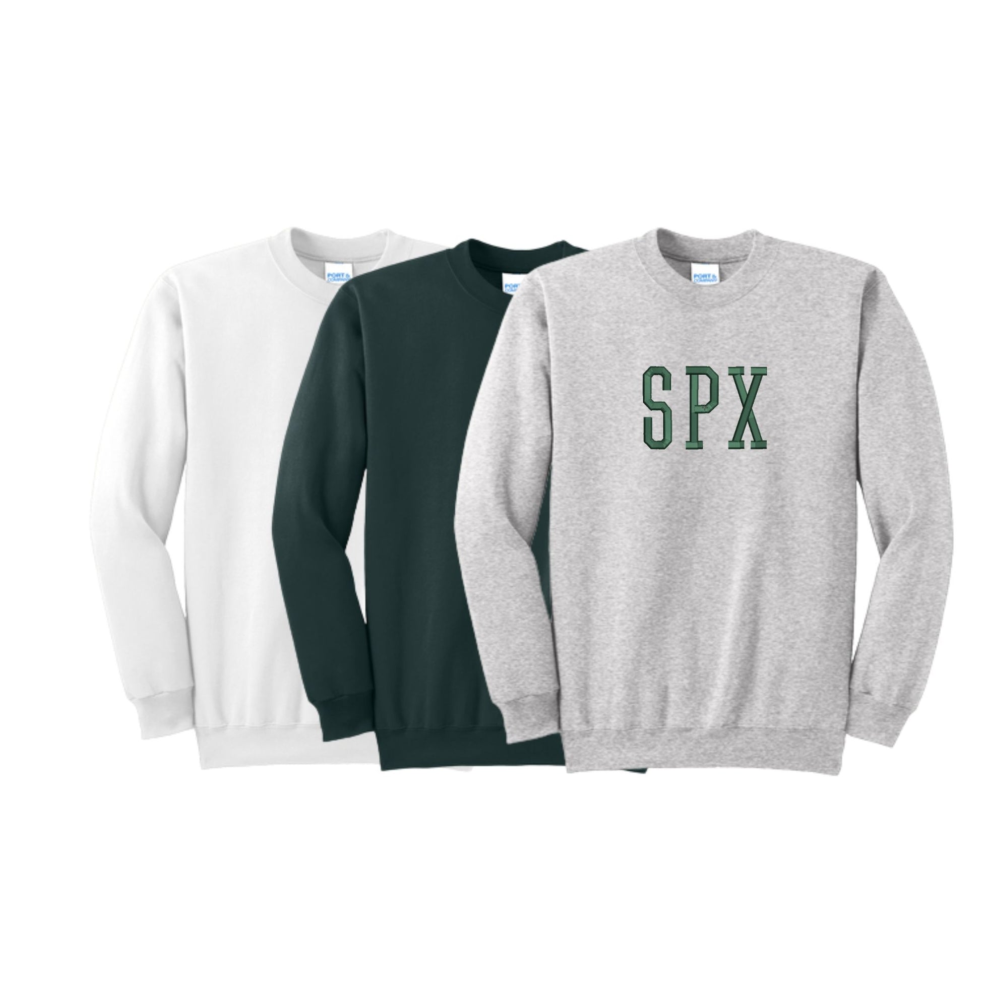 Three sweatshirts in white, black, and gray with 'SPX' printed on a white background.
