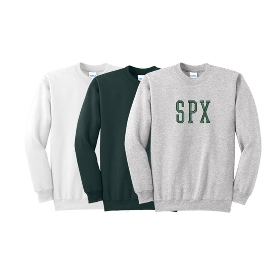 Three sweatshirts in white, black, and gray with 'SPX' printed on a white background.