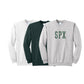 Three sweatshirts in white, black, and gray with 'SPX' printed on a white background.