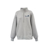 A light gray heather quarter-zip sweatshirt with a mock neck collar, featuring a navy blue embroidered logo on the left chest that reads 'Villa Madonna Montessori. The sweatshirt is displayed on a clean white background.