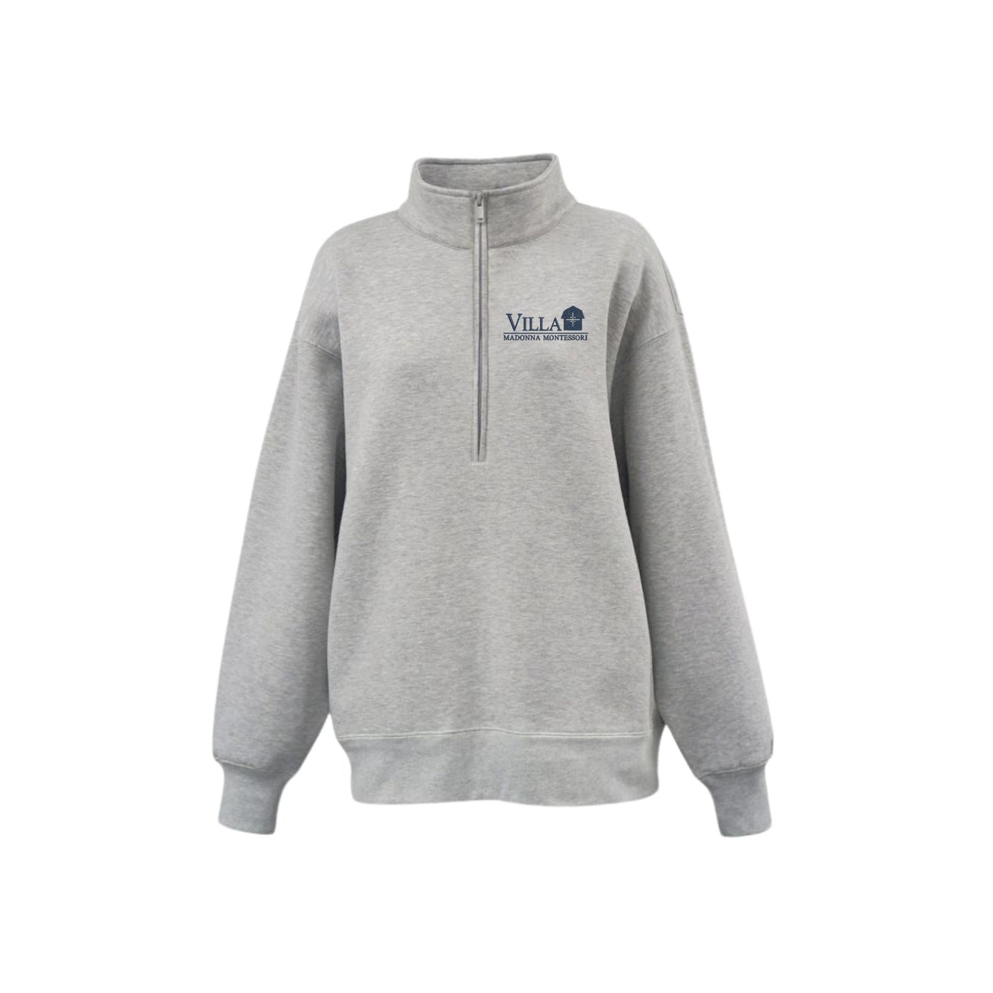 A light gray heather quarter-zip sweatshirt with a mock neck collar, featuring a navy blue embroidered logo on the left chest that reads 'Villa Madonna Montessori. The sweatshirt is displayed on a clean white background.