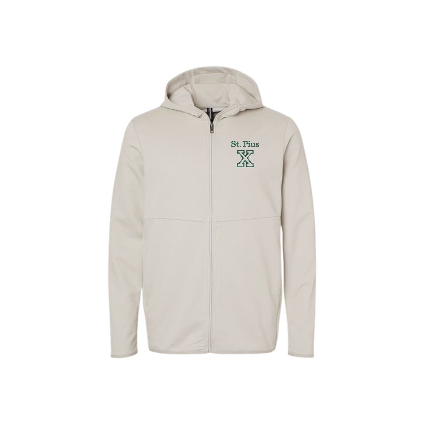 Smoke grey jacket with 'St. Pius X' logo  embroidered on the left chest in hunter green thread