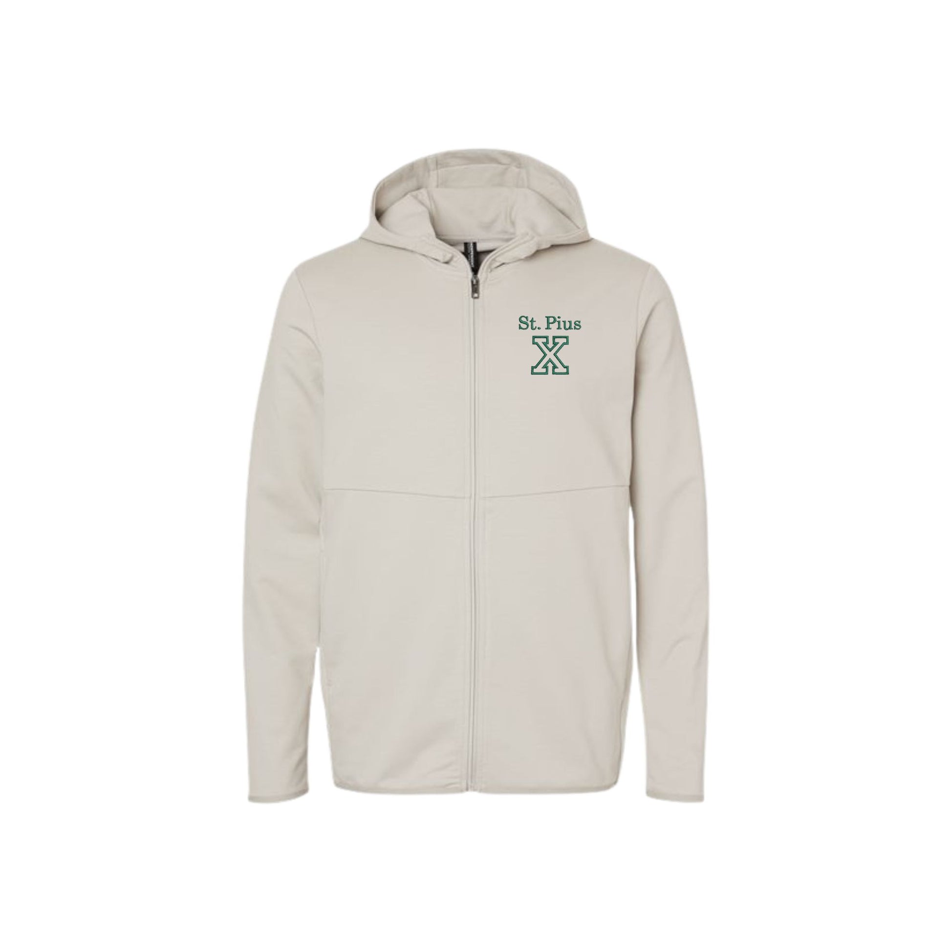 Smoke grey jacket with 'St. Pius X' logo  embroidered on the left chest in hunter green thread