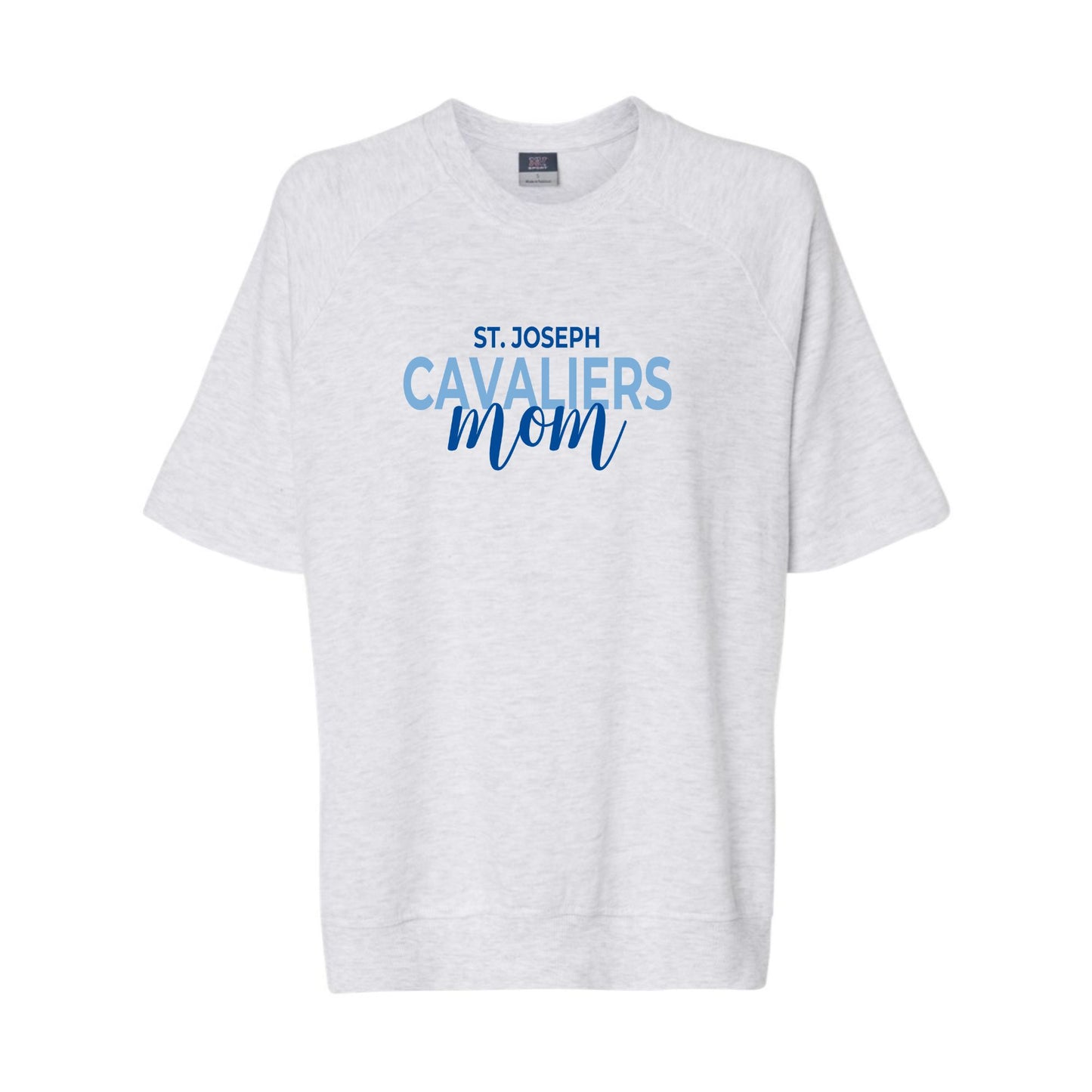 ash french terry short sleeve pullover with powder blue and royal blue st joseph cavaliers mom printed design