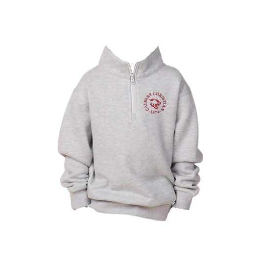 athletic heather youth quarter zip with custom round ccs embroidered logo in red thread on the left chest