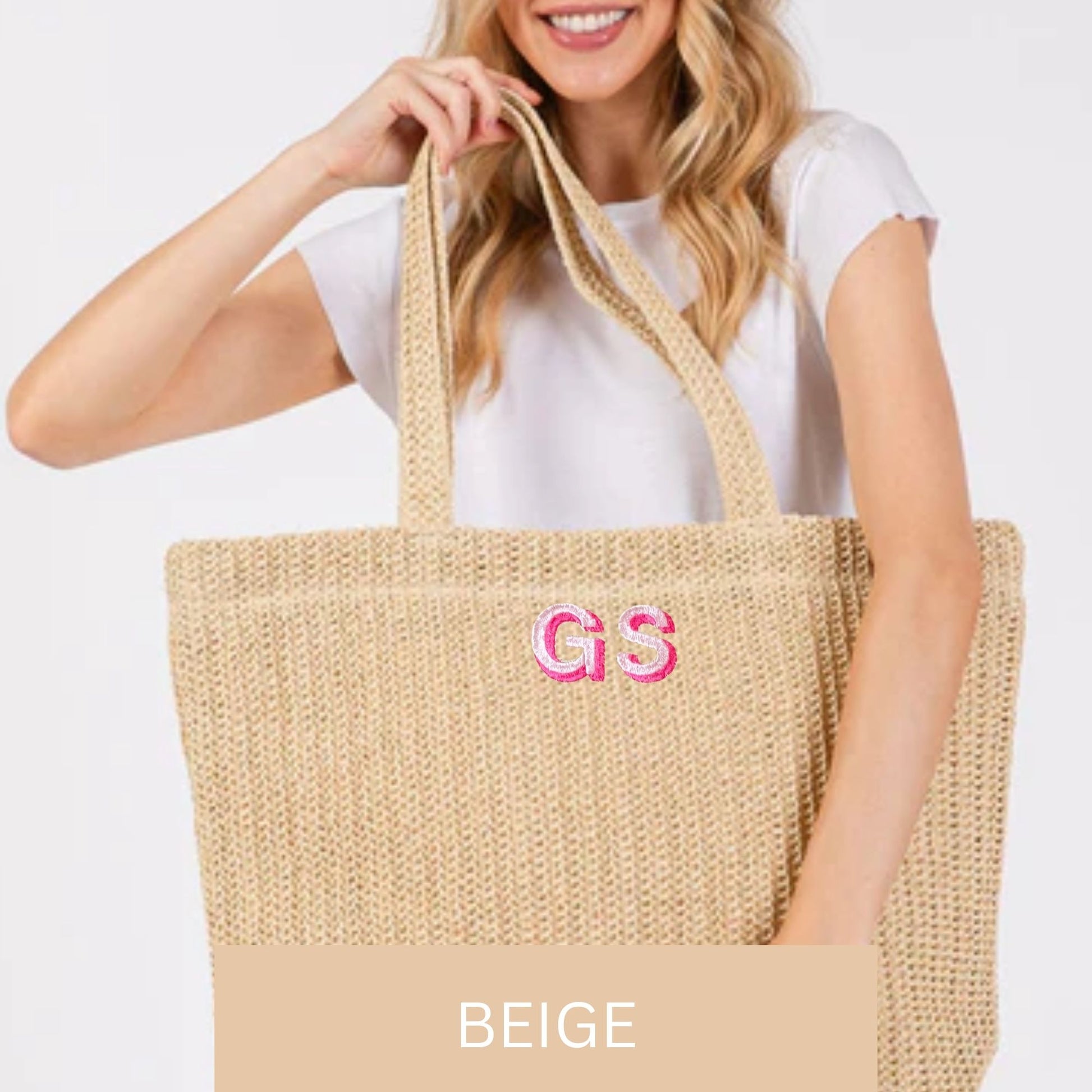 beige crochet tote bag with custom two-tone letter embroidery