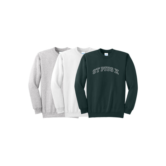 Three sweatshirts in gray, white, and green on a white background