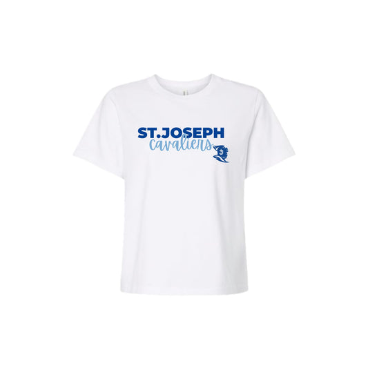 White t-shirt with 'St. Joseph Cavaliers' text and logo on a white background