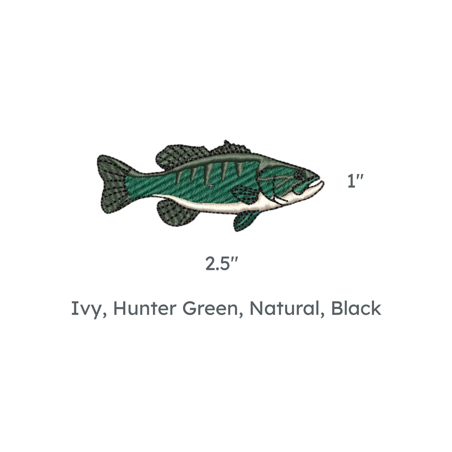 bass fish embroidered design in ivy, hunter green, natural, and black thread